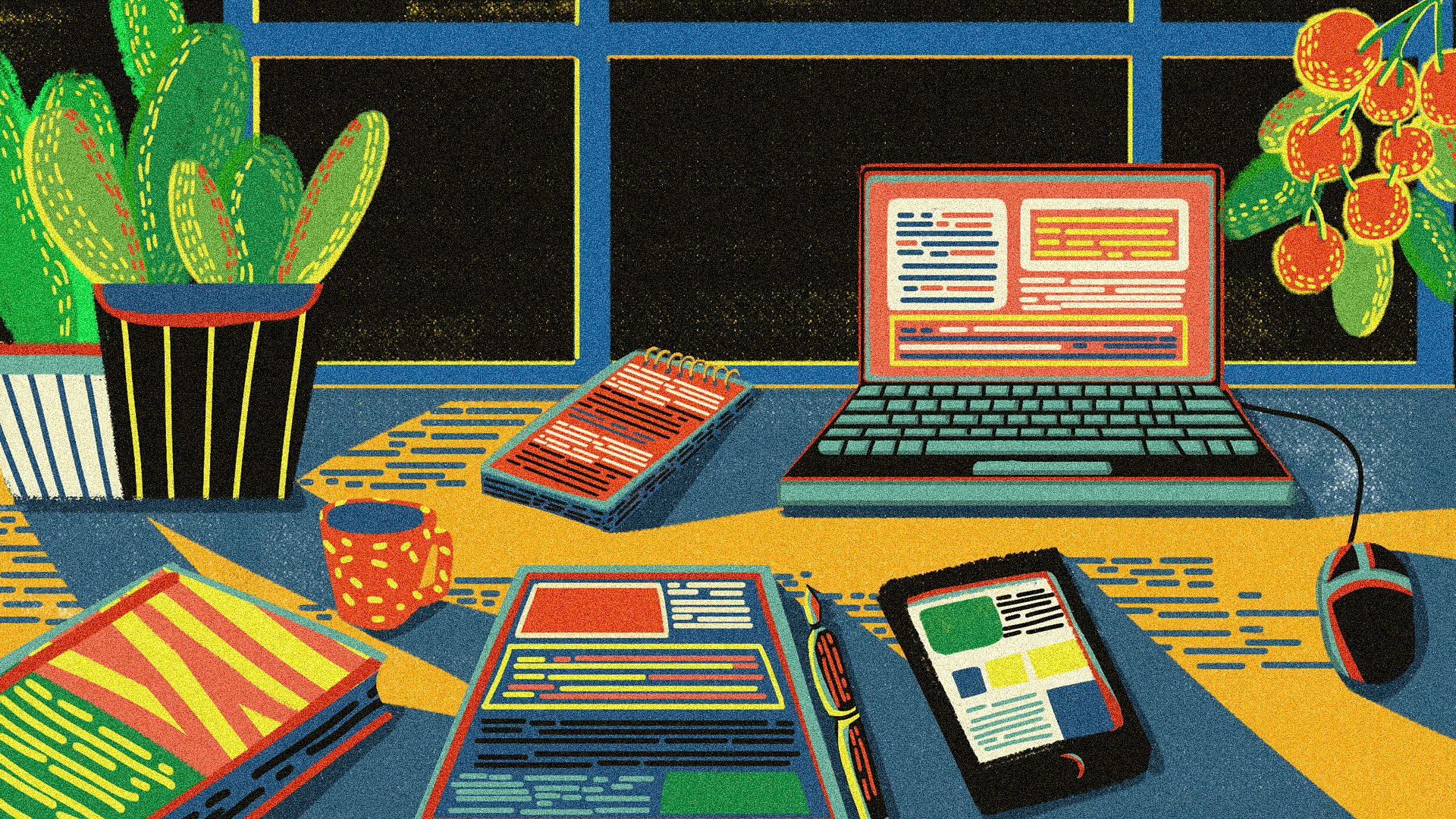 千图网_复古肌理质感办公场景植物电子设备原创插画_图片编号28777794